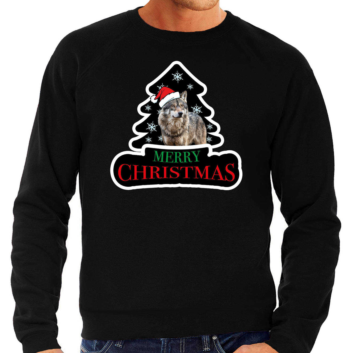 Dieren kersttrui wolf zwart heren - Foute wolven kerstsweater 2XL - kerst truien