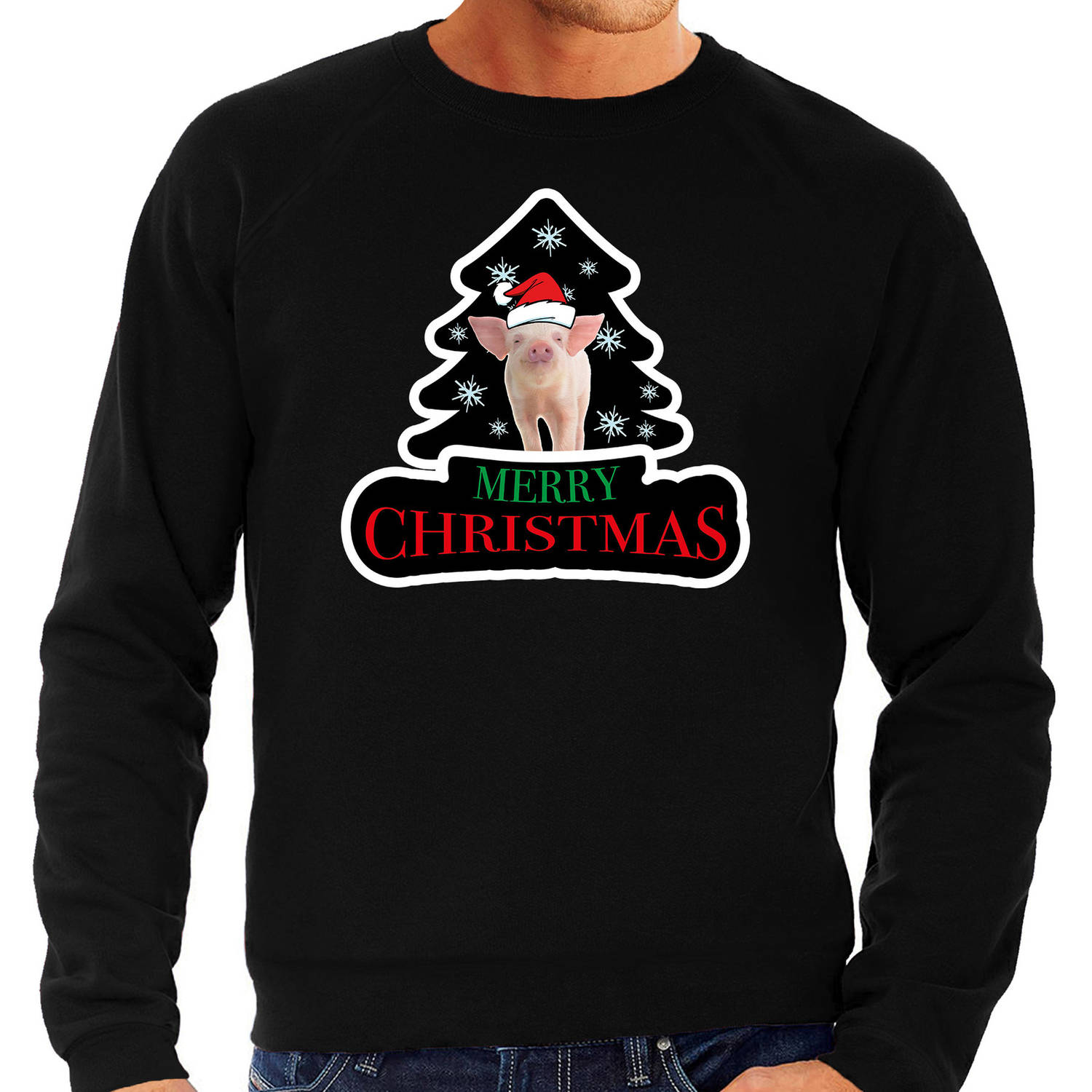 Dieren kersttrui varken zwart heren - Foute varkens kerstsweater 2XL - kerst truien