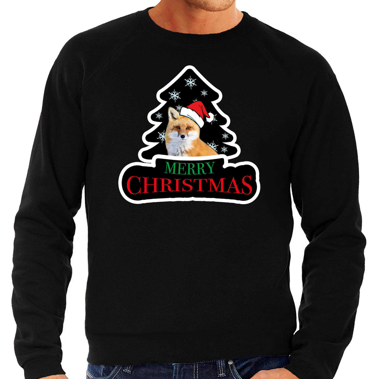 Dieren kersttrui vos zwart heren - Foute vossen kerstsweater XL - kerst truien