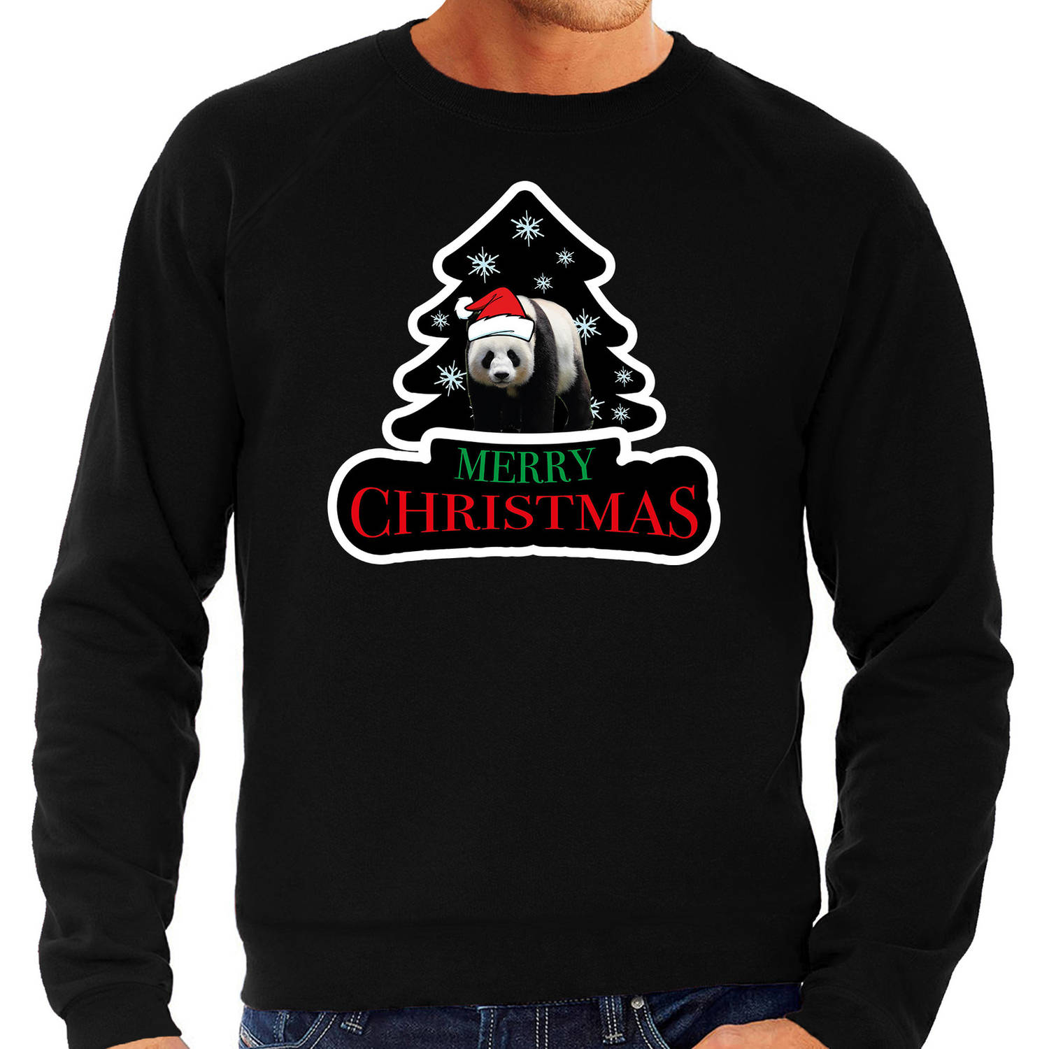Dieren kersttrui panda zwart heren - Foute pandaberen kerstsweater 2XL - kerst truien