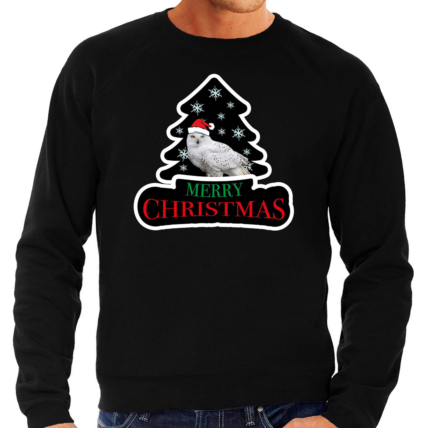 Dieren kersttrui uil zwart heren - Foute uilen kerstsweater L - kerst truien