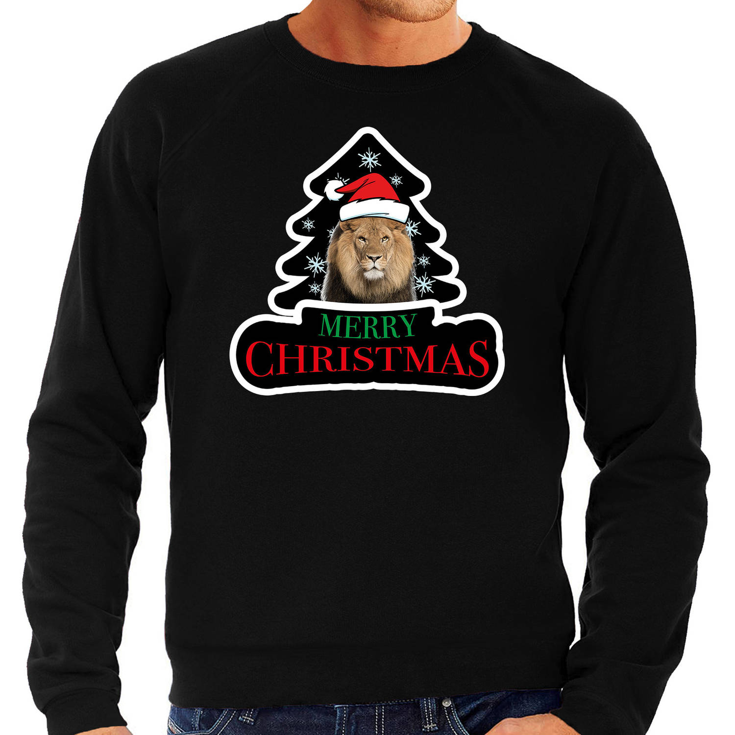 Dieren kersttrui leeuw zwart heren - Foute leeuwen kerstsweater 2XL - kerst truien