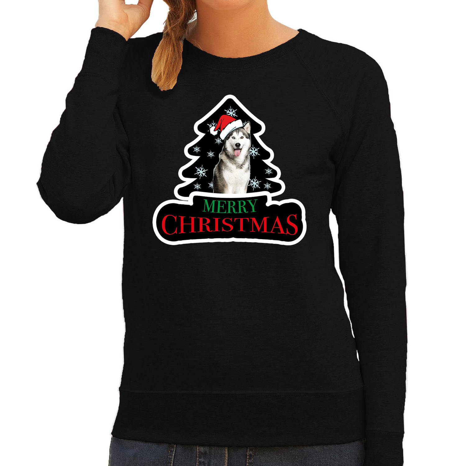 Dieren kersttrui husky zwart dames - Foute honden kerstsweater XS - kerst truien