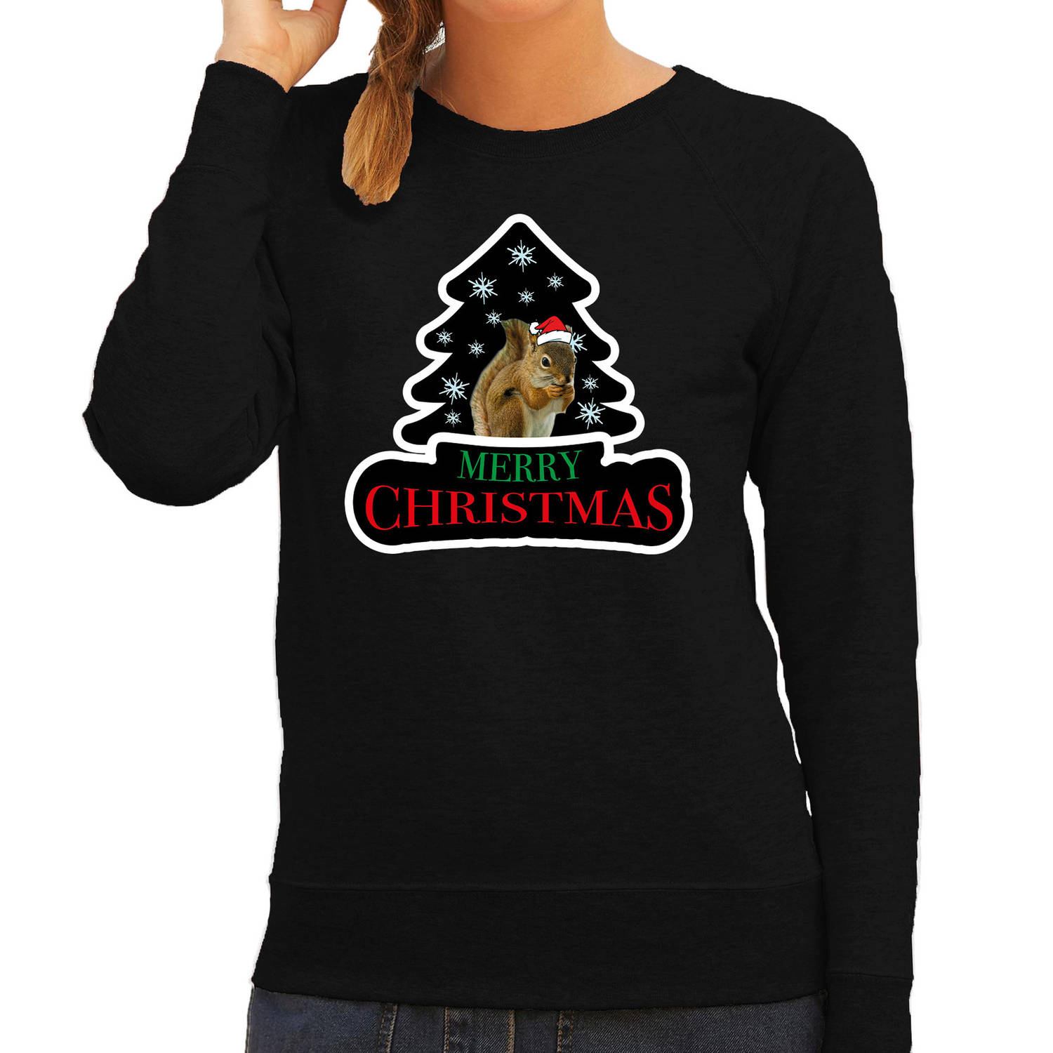 Dieren kersttrui eekhoorntje zwart dames - Foute eekhoorntjes kerstsweater L - kerst truien