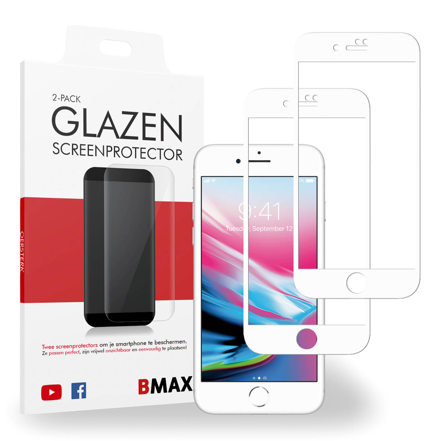 2-pack BMAX Apple iPhone 8 Plus Screenprotector - Glass - Full Cover 5D - White