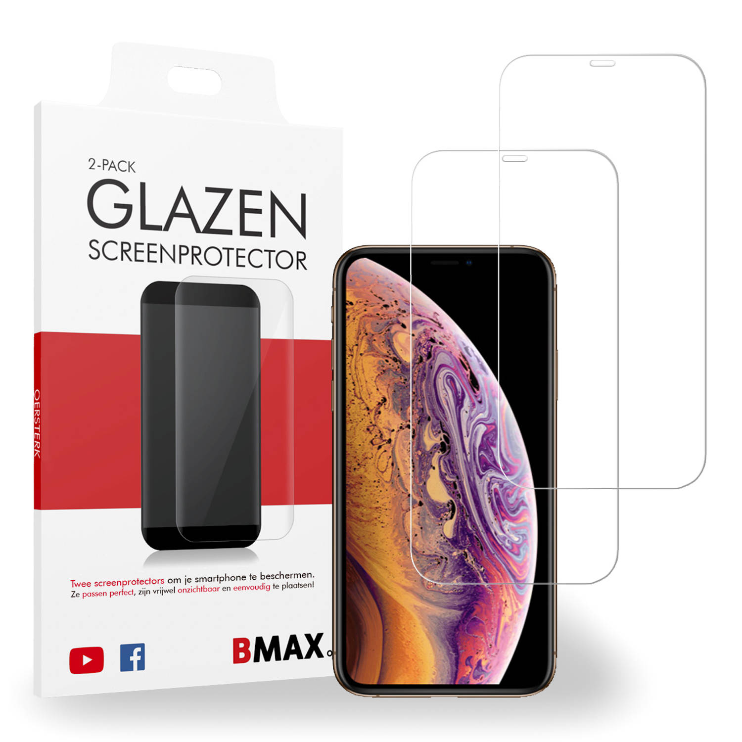 2-pack BMAX Apple iPhone Xs Screenprotector - Glass - 2.5D