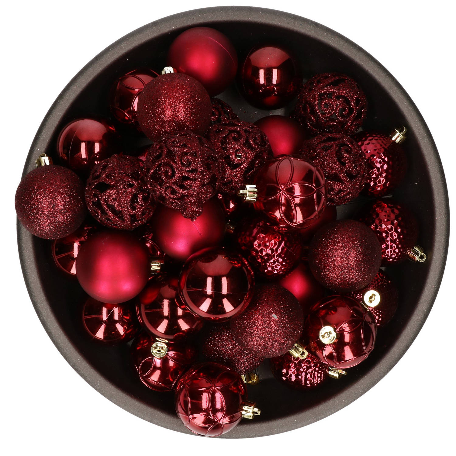 37x Stuks Kunststof Kerstballen Donkerrood (Oxblood) 6 Cm Glans-mat-glitter Mix Kerstbal