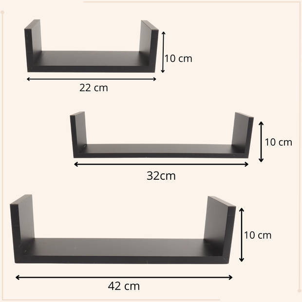 MISOU Zwarte Wandplanken - Fotoplank - Boekenplank - Keuken - Woonkamer - Zwevend - Muurplank - 3 Maten - MDF