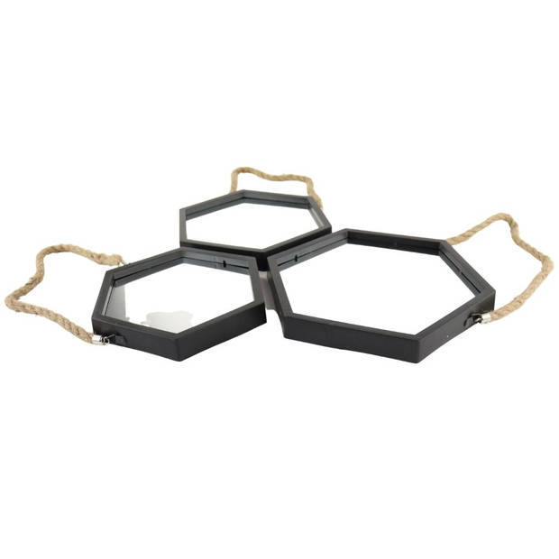 Orange85 Spiegel - Hexagon - Set 3 Delen - Zwart glas - Touw