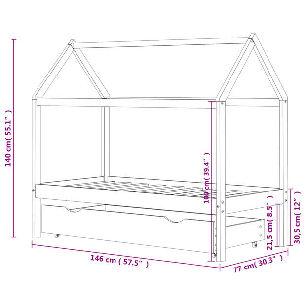 vidaXL Kinderbedframe met lade massief grenenhout 70x140 cm wit