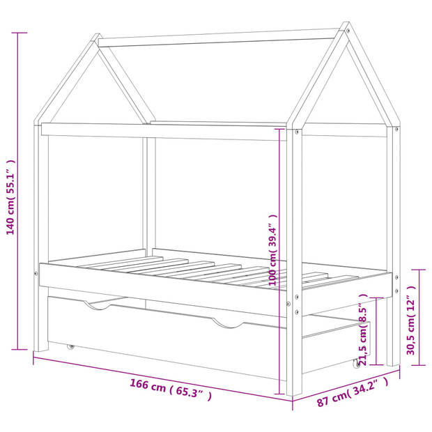 vidaXL Kinderbedframe met lade grenenhout donkergrijs 80x160 cm