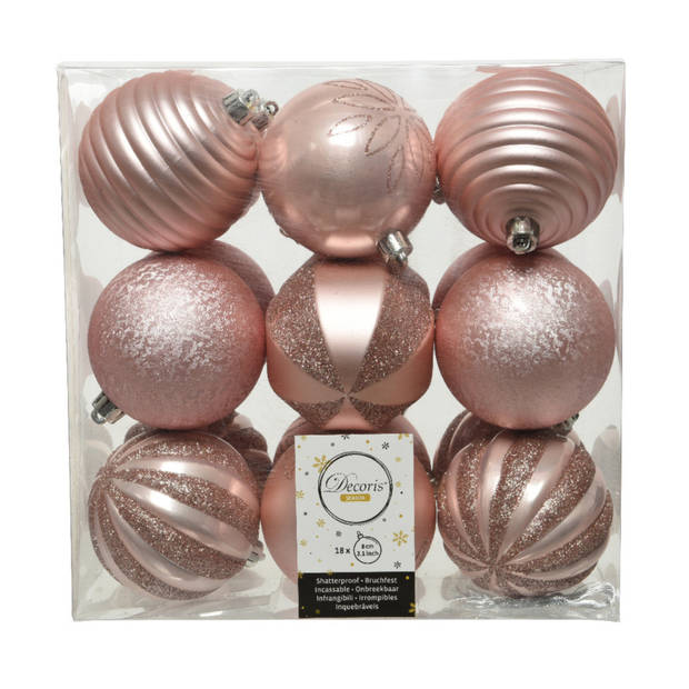 18x stuks kunststof kerstballen lichtroze (blush pink) 8 cm met luxe afwerking - Kerstbal