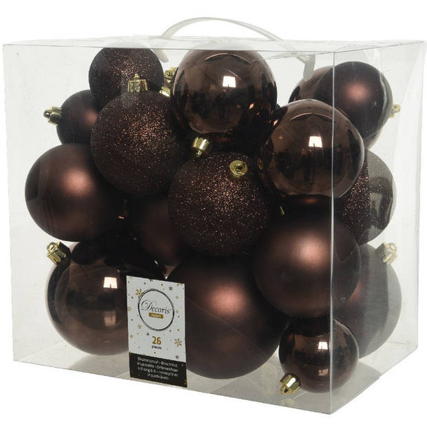 52x Kunststof kerstballen mix donkerbruin 6-8-10 cm kerstboom versiering/decoratie - Kerstbal