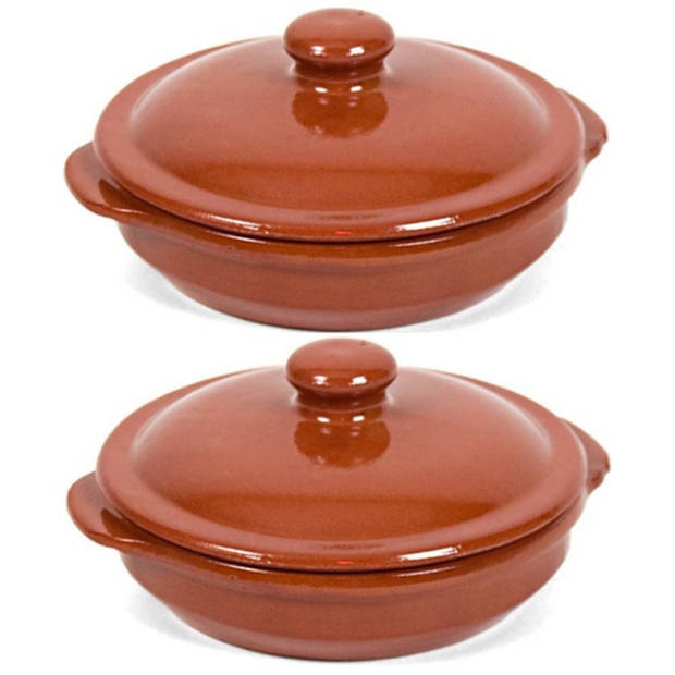 2x Terracotta stoofpotten/ovenschalen met deksel 13 cm - Braadpannen