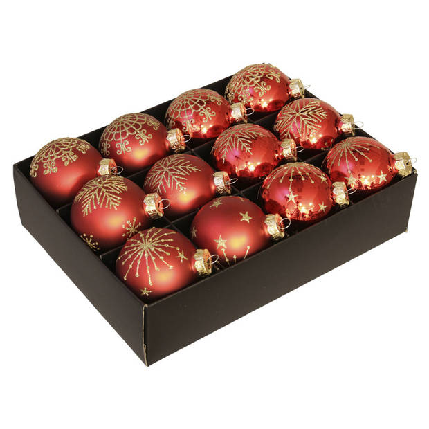 12x Glazen gedecoreerde kerstballen rood 7,5 cm - Kerstbal