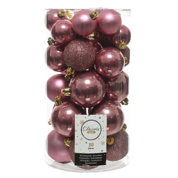 Kerstballen - 30x - oudroze - 4, 5, 6 cm - kunststof - mat-glans-glitter - Kerstbal