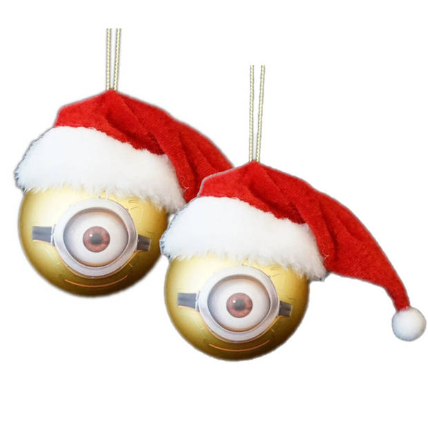 2x Kunststof kerstballen Minions Carl met Kerstmuts 6 cm - Kerstbal