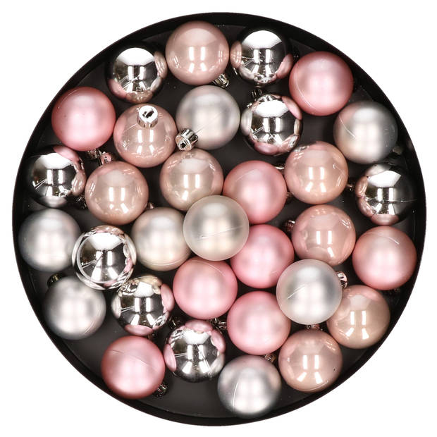 32x stuks kunststof kerstballen mix lichtroze/zilver 4 cm - Kerstbal