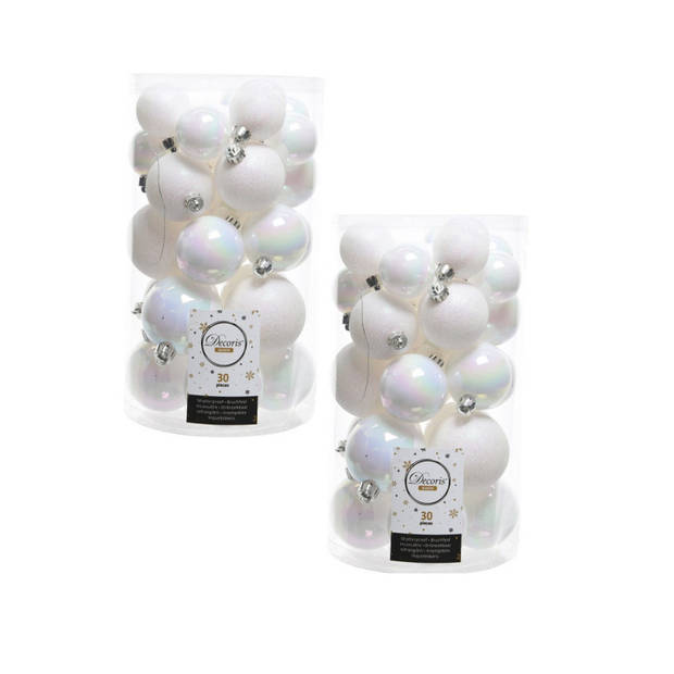 Decoris kerstballen - 30x st - parelmoer wit - 4, 5 en 6 cm - kunststof - Kerstbal