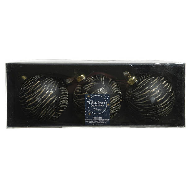 6x stuks luxe glazen kerstballen brass zwart met goud 8 cm - Kerstbal