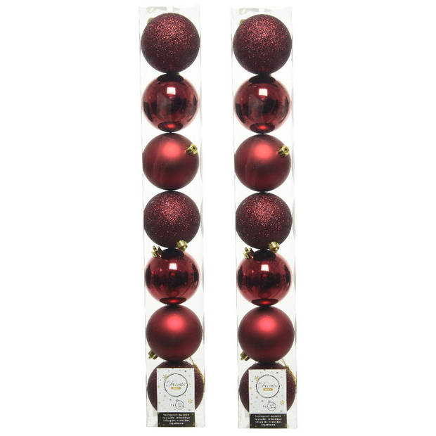 14x stuks kunststof kerstballen donkerrood (oxblood) 8 cm glans/mat/glitter - Kerstbal
