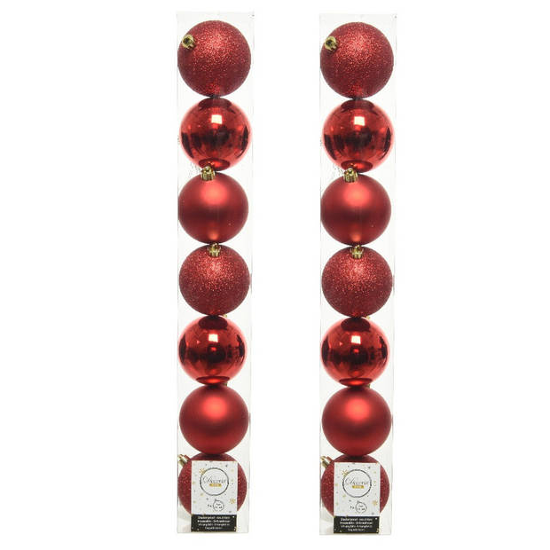14x stuks kunststof kerstballen rode 8 cm glans/mat/glitter - Kerstbal