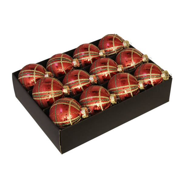 12x Luxe glazen gedecoreerde ruitjes kerstballen rood 7,5 cm - Kerstbal