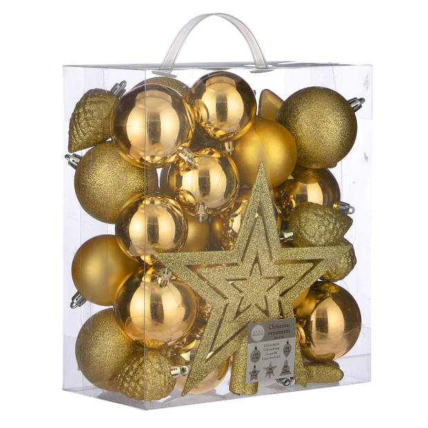 39x stuks kunststof kerstballen en kerstornamenten met ster piek warm goud mix - Kerstbal