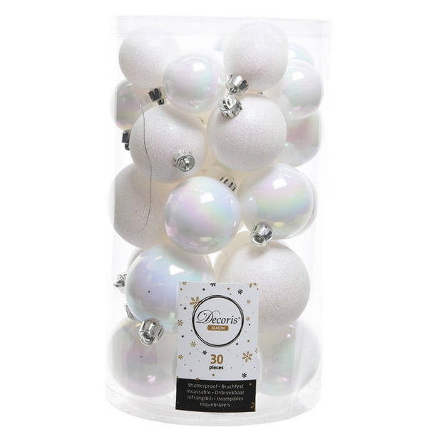 Kerstballen 60x stuks - mix parelmoer wit/ijsblauw - 4-5-6 cm - kunststof - Kerstbal