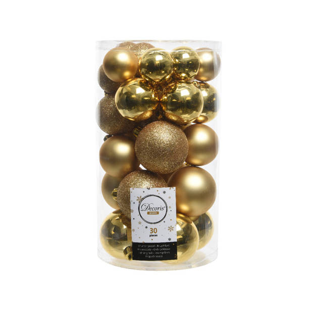 Kerstballen - 30x st - goud - 4, 5, 6 cm - kunststof - mat-glans-glitter - Kerstbal