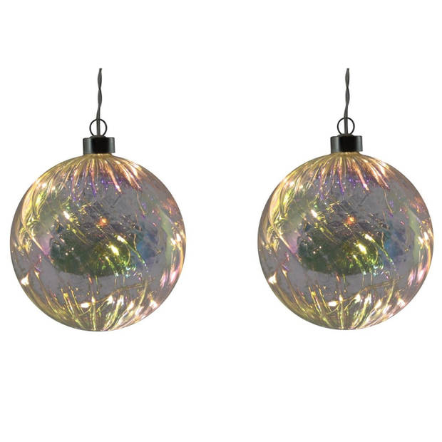 2x stuks verlichte glazen kerstballen met 10 lampjes transparant parelmoer 12 cm - kerstverlichting figuur