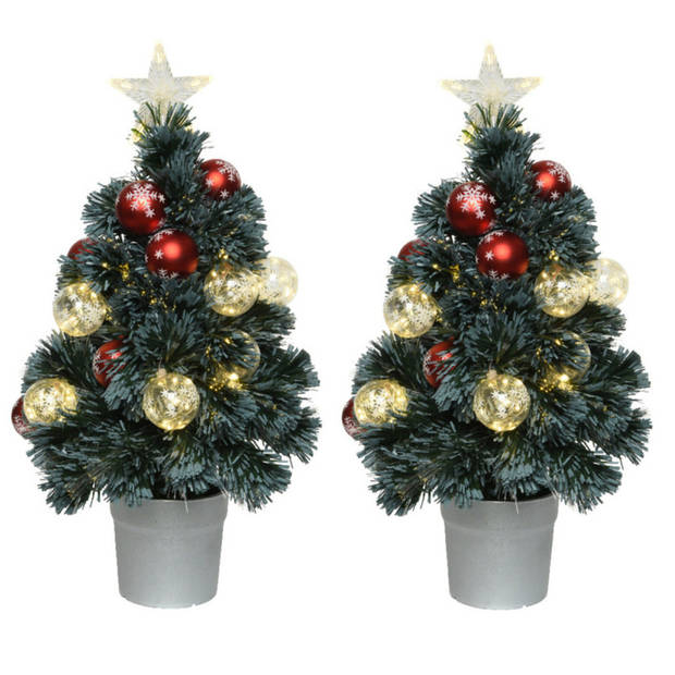 2x stuks fiber optic kerstbomen/kunst kerstbomen met verlichting en kerstballen 60 cm - Kunstkerstboom