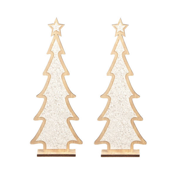 2x stuks kerstdecoratie houten kerstboom glitter wit 35,5 cm - Kunstkerstboom