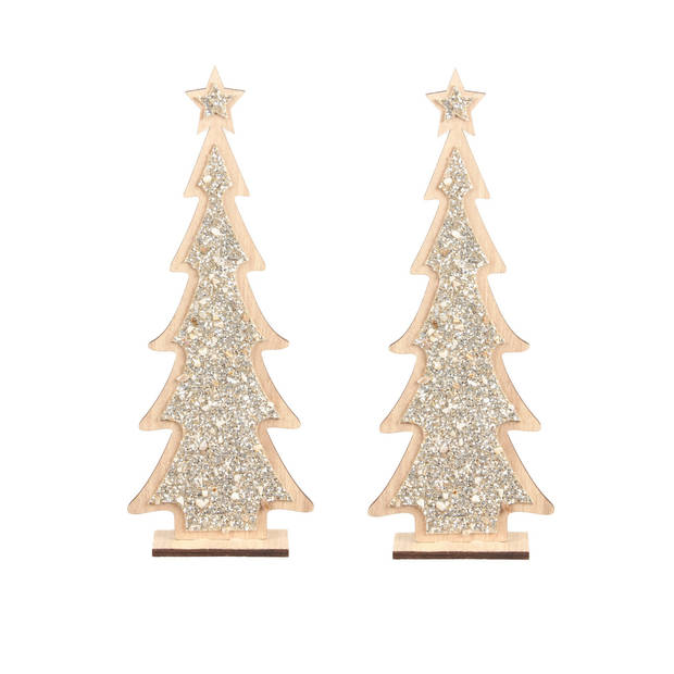 2x stuks kerstdecoratie houten kerstboom glitter zilver 35,5 cm decoratie kerstbomen - Kunstkerstboom