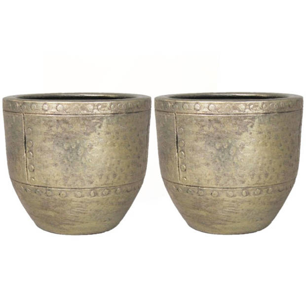 2x stuks bloempot/plantenpot van keramiek in het industrieel goud D16 en H14 cm - Plantenpotten