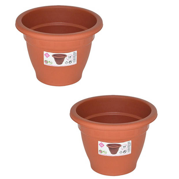 Set van 2x stuks terra cotta kleur ronde plantenpot/bloempot kunststof diameter 14 cm - Plantenpotten