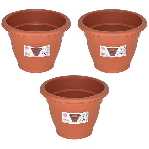 Set van 2x stuks terra cotta kleur ronde plantenpot/bloempot kunststof diameter 14 cm - Plantenpotten