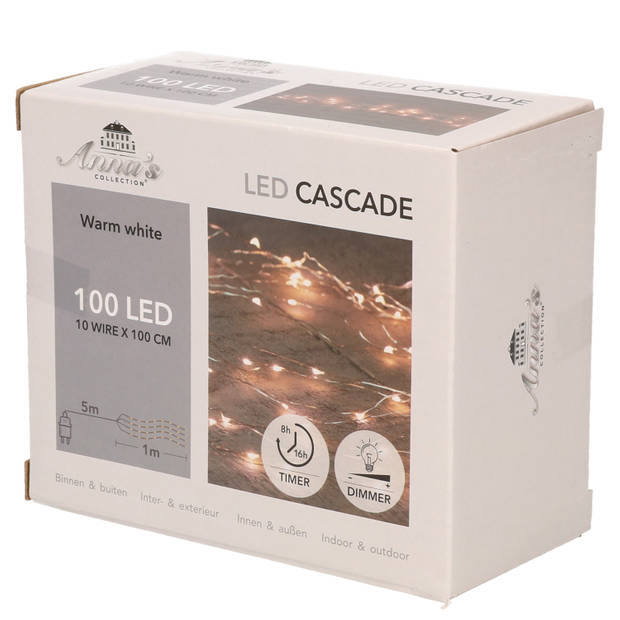 Set van 2x stuks cascade draadverlichting lichtsnoer met 100 lampjes warm wit met 10 lichtdraden - Lichtsnoeren