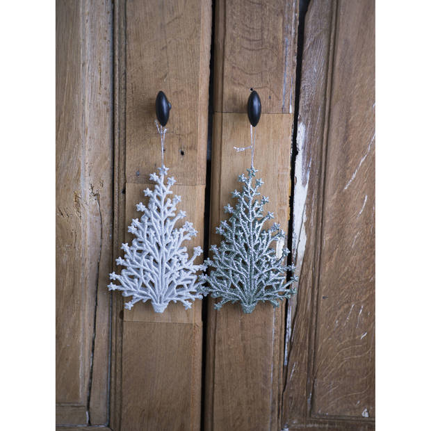 2x stuks kunststof kersthangers kerstboom champagne glitter 15 cm kerstornamenten - Kersthangers