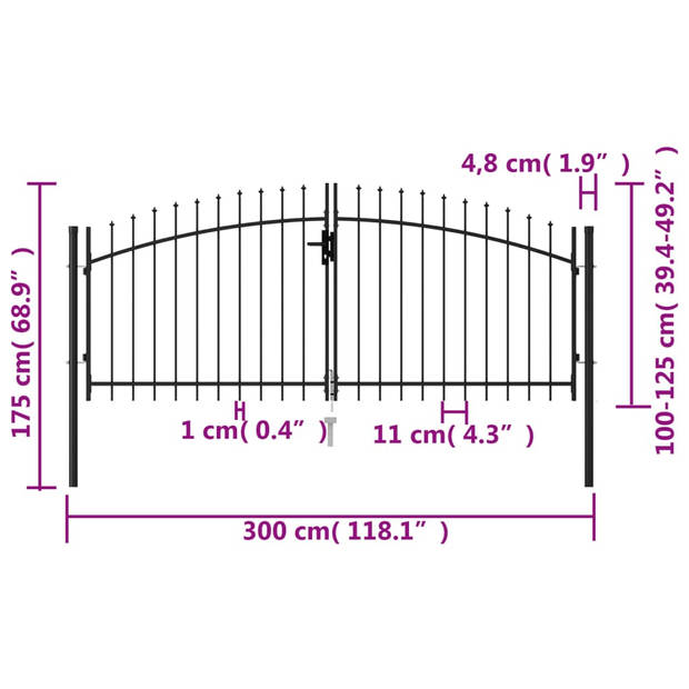 vidaXL Poort met puntige bovenkant dubbel 3x1,25 m staal zwart