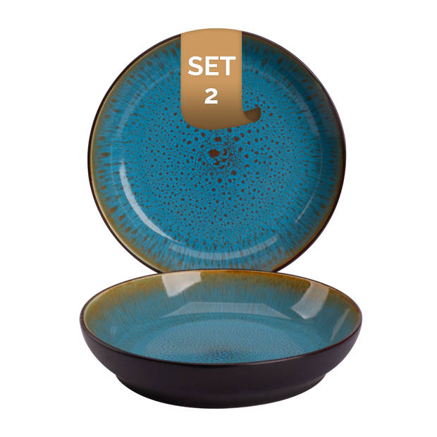 Palmer Bord diep Lotus 21 cm Turquoise Zwart Stoneware 2 stuks