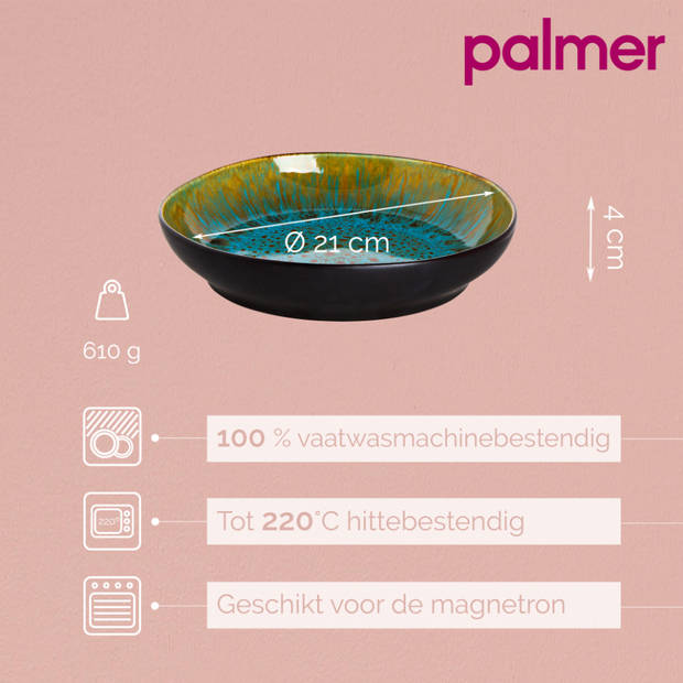 Palmer Bord diep Lotus 21 cm Turquoise Zwart Stoneware 2 stuks