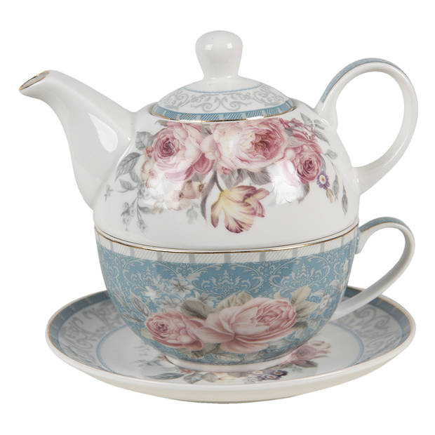 Clayre & Eef Tea for One 16*10*14 cm / 400 ml / 250 ml Blauw, Wit Porselein Bloemen Theepot set Moederdag cadeau