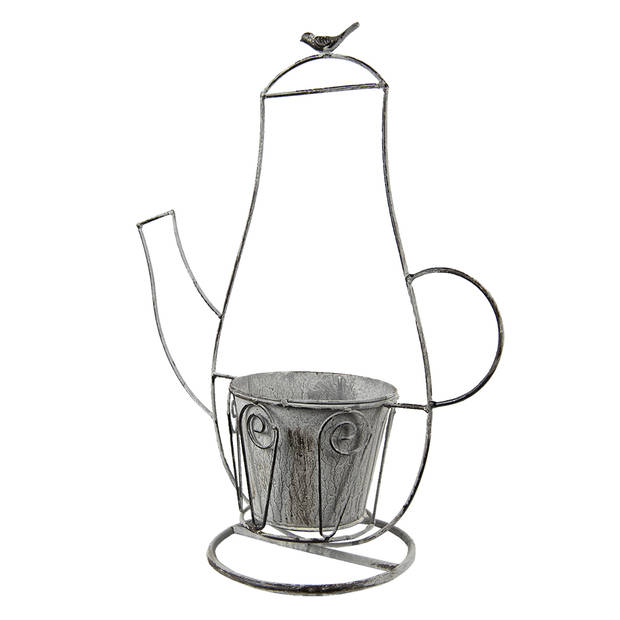 Clayre & Eef Planthouder Koffiepot 43x20x49 cm Grijs Ijzer Vogel Decoratie Plantenhouder Grijs Decoratie Plantenhouder