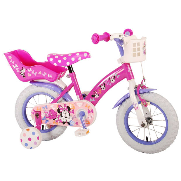 Disney Minnie Cutest Ever! Kinderfiets - Meisjes - 12 inch - Roze - Met mandje voor en poppenzitje achter