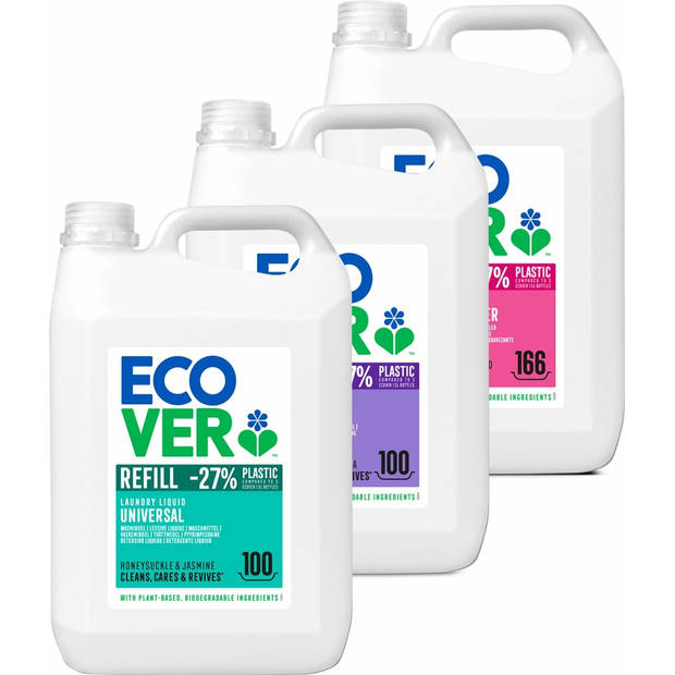 Ecover - Vloeibaar Wasmiddel Universeel + Vloeibaar Wasmiddel Color + Wasverzachter - 3 x 5 L - Voordeelverpakking