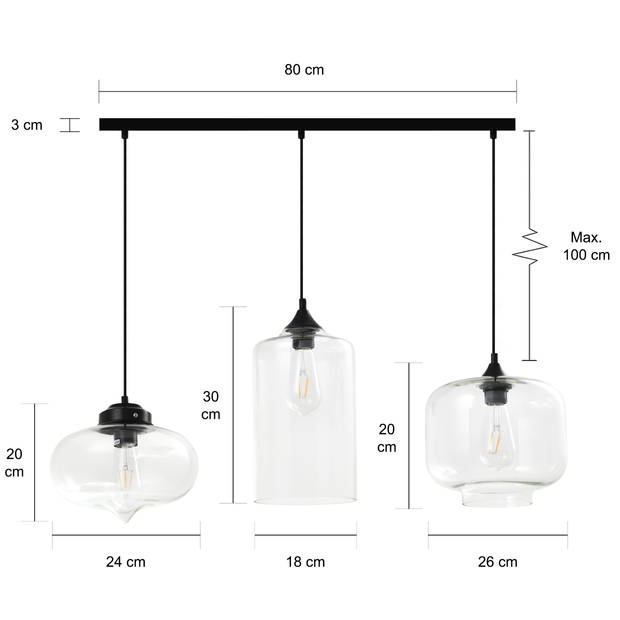 QUVIO Hanglamp glas 3-lichts zwart - QUV5124L-BLACK