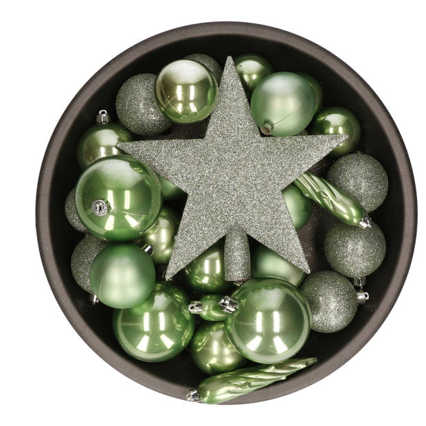 Kerstversiering kunststof kerstballen met piek salie groen 5-6-8 cm pakket van 39x stuks - Kerstbal