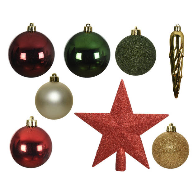 Set van 33x stuks kunststof kerstballen met ster piek rood/groen/champagne mix - Kerstbal