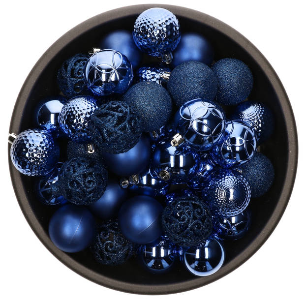37x stuks kunststof kerstballen 6 cm kobalt blauw incl. glazen piek glans zilver - Kerstbal